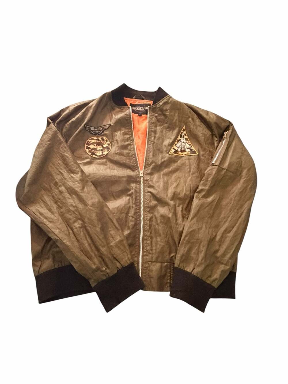 Brooklyn Standard Men's Size L Olive Green Bomber Jacket with Fighter Patches